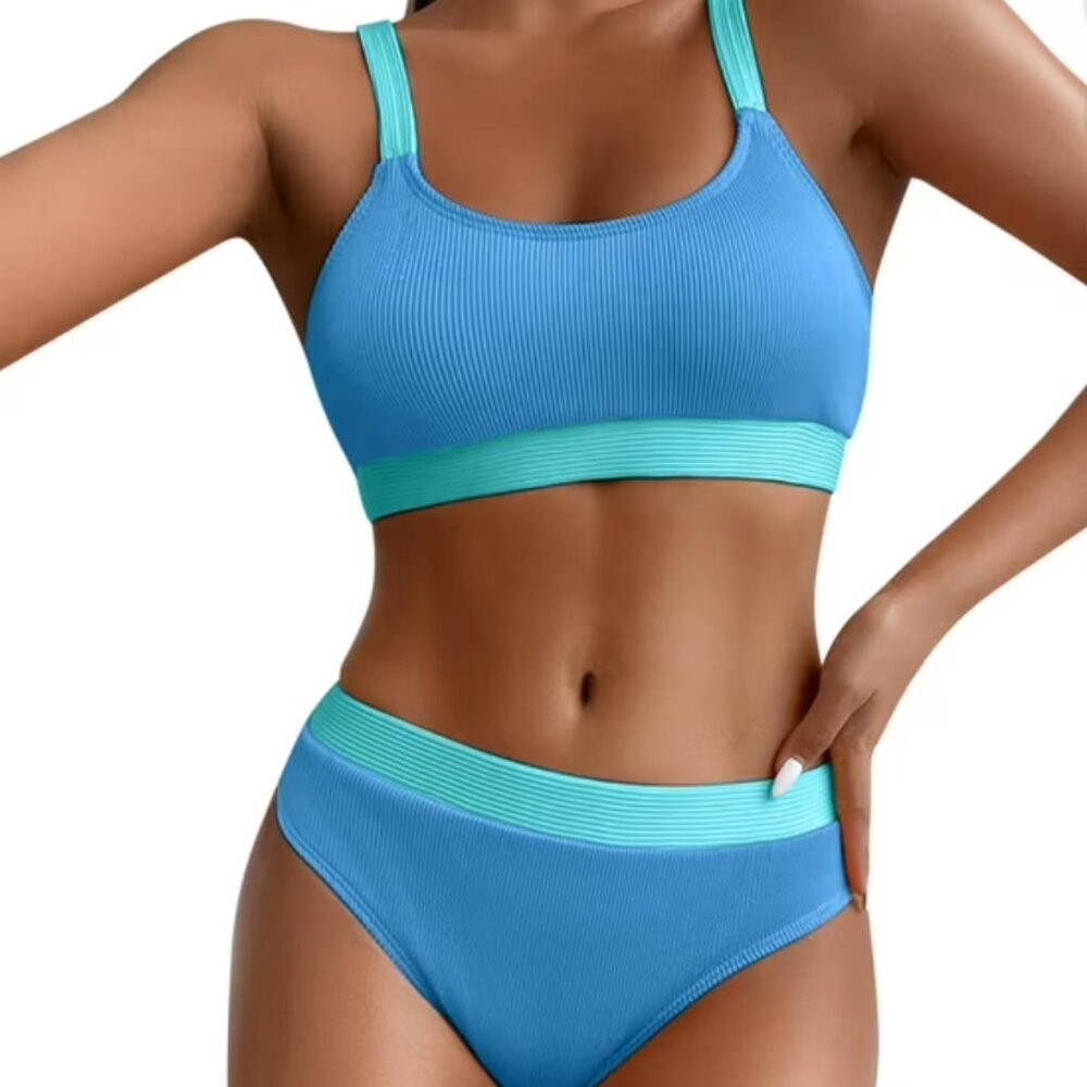 Shein Women's Blue & Teal High Waisted Ribbed Bikini Set, size Large